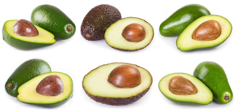 Collection of fresh avocado on white background