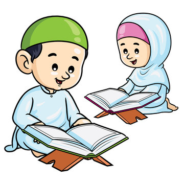 Illustration of cute cartoon moslem kids reading Quran.