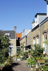 Street scene with houses in old town of Scheveningen, The Hague