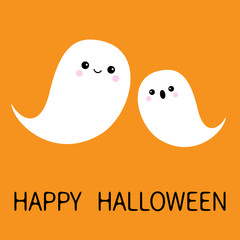 Two flying floating ghost spirit set. Happy Halloween. Scary white ghosts family. Cute cartoon character. Smiling spooky face cheeks Orange background. Greeting card Isolated Flat design.