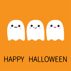 Three flying ghost spirit set showing tongue, moustaches, lips. Boo. Happy Halloween. Scary white ghosts. Cute cartoon spooky character. Smiling face, cheeks. Orange background Flat design.