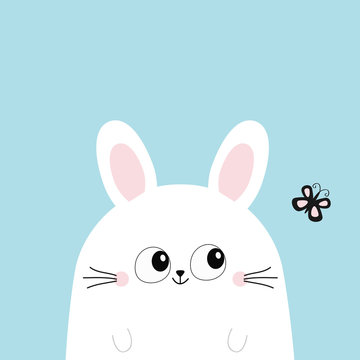 White bunny rabbit looking at butterfly. Funny head face. Big eyes. Cute kawaii cartoon character. Baby greeting card template. Happy Easter sign symbol. Blue background. Flat design.