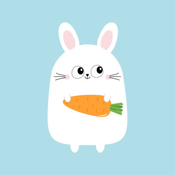 White bunny rabbit holding carrot. Funny head face. Big eyes. Cute kawaii cartoon character. Baby greeting card template. Happy Easter sign symbol. Blue background. Flat design.