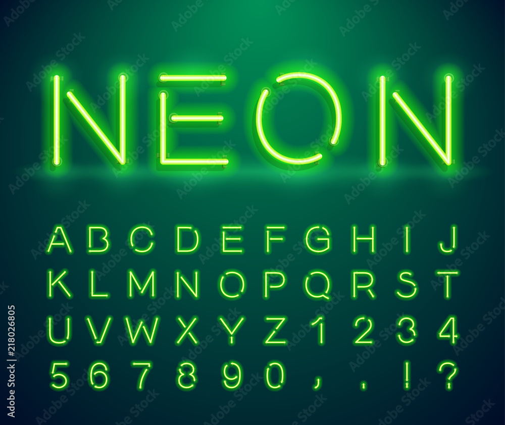 Poster set of letters in neon style. vector font with light effect. set of letters, numbers, text and font.