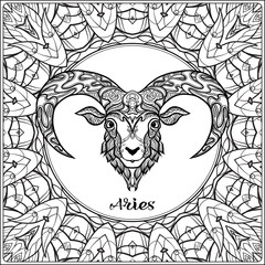 Aries, sheep. Decorative zodiac sign on pattern background. Outline hand drawing. Good for coloring page for the adult coloring book Stock vector illustration.