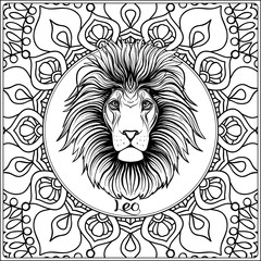 Leo, lion. Decorative zodiac sign on pattern background. Outline hand drawing. Good for coloring page for the adult coloring book Stock vector illustration.