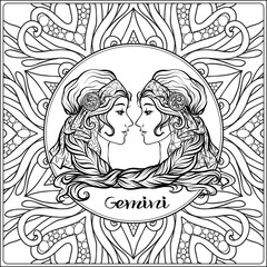 Gemini. Twins, girls. Decorative zodiac sign on pattern background. Outline hand drawing. Good for coloring page for the adult coloring book Stock vector illustration.