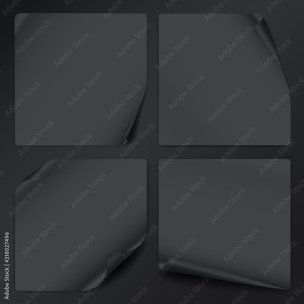 Poster set of black note notebook paper with curled corners for text or advertising message