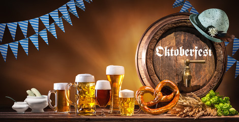 Oktoberfest beer barrel and beer glasses