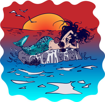 mermaid on the rocks cartoon style vector illustration
