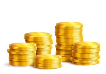 Piles of golden metal coins isolated