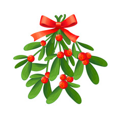 Branch of mistletoe with berries and red bow. A bouquet of Christmas.