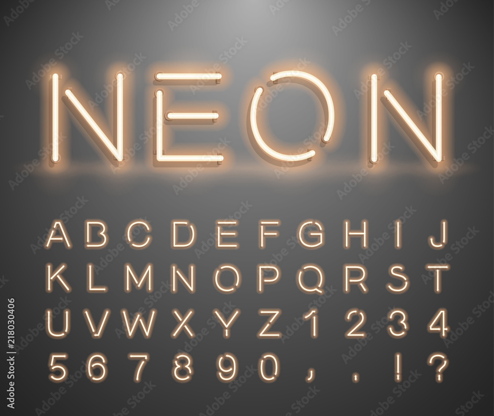 Poster set of letters in neon style. vector font with light effect. set of letters, numbers, text and font.
