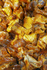 Fresh pickled meat for shish kebab. View from above.