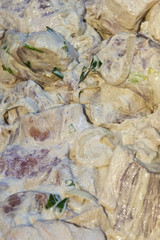 Fresh pickled meat for shish kebab. View from above.