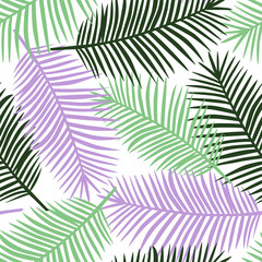 light green gark green and purple palm leaves on a white background exotic tropical hawaii pastel summer seamless pattern vector - 218030822