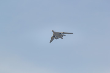 Kazan, Russian Federation - August 2018, - military aircraft flying in the sky over the city of Kazan at the demonstration 
