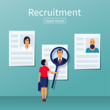 Recruitment concept. Businesswoman employer search resume staff selects candidates. Vector illustration flat design. For banner, presentation, social media, web page, posters. Human resources. 
