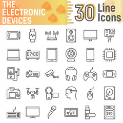 Electronic devices line icon set, media symbols collection, vector sketches, logo illustrations, digital signs linear pictograms package isolated on white background, eps 10.
