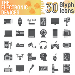 Electronic devices glyph icon set, media symbols collection, vector sketches, logo illustrations, digital signs solid pictograms package isolated on white background, eps 10.