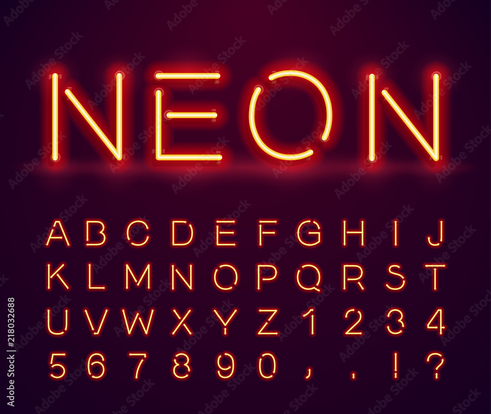Poster set of letters in neon style. vector font with light effect. set of letters, numbers, text and font.