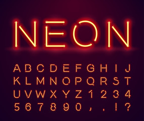 Set of letters in neon style. Vector font with light effect. Set of letters, numbers, text and font. Glow effect. Signboard Design.