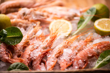 Fresh tiger prawns on ice