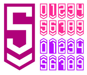 Collection of the white flat digits with isometric down arrow and up arrow vector on crimson plate; Numbers for tag or label; Level up