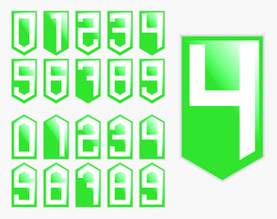 Collection of the white flat digits with isometric down arrow and up arrow vector on a green plastic plate; Number Plate with transparent shadow