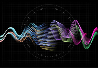 Equalizer vector illustration. Abstract wave icon set for music and sound. Pulsation color wavy motion lines on black background. Radio frequency graph. Graphic digital voice. Stock rate line. - obrazy, fototapety, plakaty