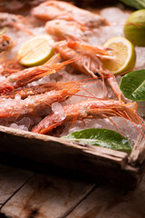 Fresh tiger prawns on ice