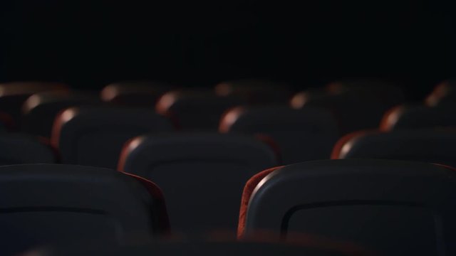 Empty comfortable seats in cinema. Empty seats in movie theatre. Back view of armchairs in empty hall of cinema. Cinema hall is ready for visitors. Cinema chair back view