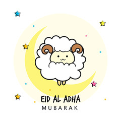 Eid Al Adha Mubarak Vector illustration, Cute sheep on starry sky, Greeting card for Muslim community festival. 