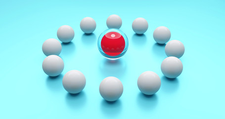 Das Treffen. Rote Kugel im Mittelpunkt einer Versammlung von weißen Kugeln. Symbol für eine Besprechung und Teamwork