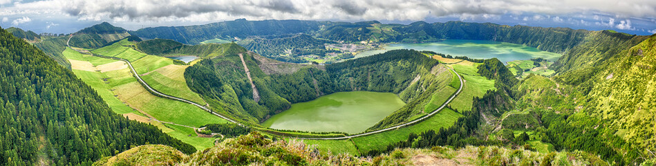 Panoramic view of Crater Sete Cidades from Pico da Cruz at Sao Miguel, Azores - obrazy, fototapety, plakaty