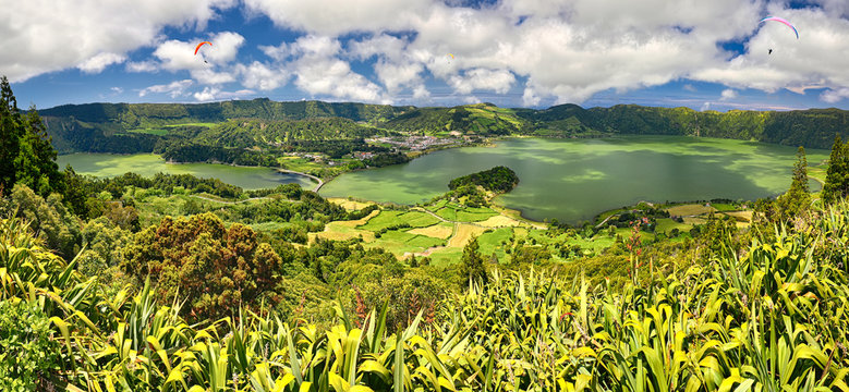 Paraglider over Viewpoint Miradouro do Cerrado das Freiras above Sete Cidades at Sao Miguel, Azores