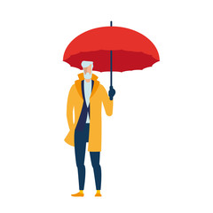 Man under umbrella. An elderly man in a yellow cloak with an umbrella. Vector, flat illustration EPS 10. Separate objects. Isolated.