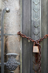 Padlock on the door with the cobweb