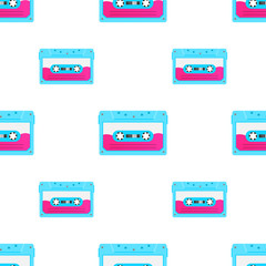 Vintage seamless pattern with analogue music cassettes. 80s Loopable background with magnetic audio tapes.