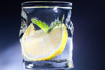 A slice of lemon and mint in a glass of water.