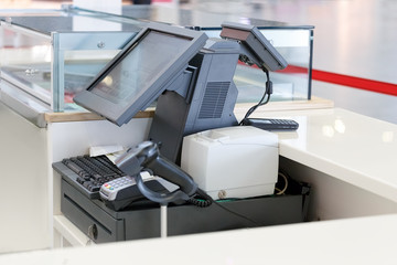 Trade equipment, cash Desk, computer, barcode scanner. Working place of the seller.