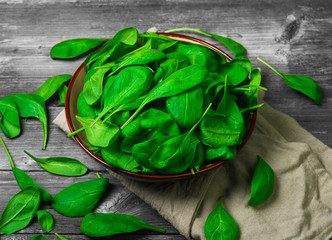 Fresh green leaves mini spinach in ceramic bowl. Spinach leaves on the gray wooden rustic...