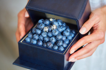 A magnificent ring and earings with diamond and blueberries in a jewelry box. A gift in women's...