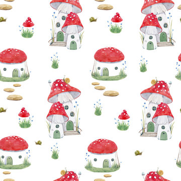 Watercolor mushroom house vector pattern