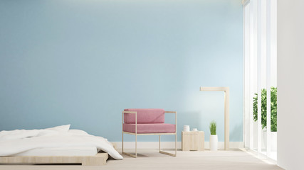Bedroom and pink chair on living area design room for artwork. Bedroom and living area on light blue wall decorate and empty space for add message artwork. 3D Rendering.