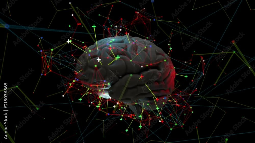 Poster 3d render of brain with bright and lighted up zones. surface of brain is highlighted with different 