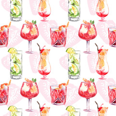 Watercolor seamless pattern with hand drawn illustration cocktails and strawberry