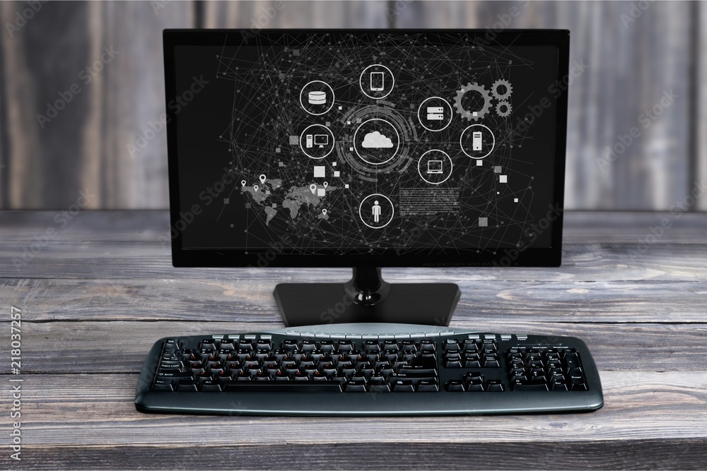 Poster desktop computer and keyboard on background