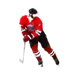 Fototapeta premium Ice hockey player in red jersey skating, isolated vector low poly illustration. Winter team sport