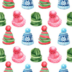 Watercolor seamless pattern with winter hats